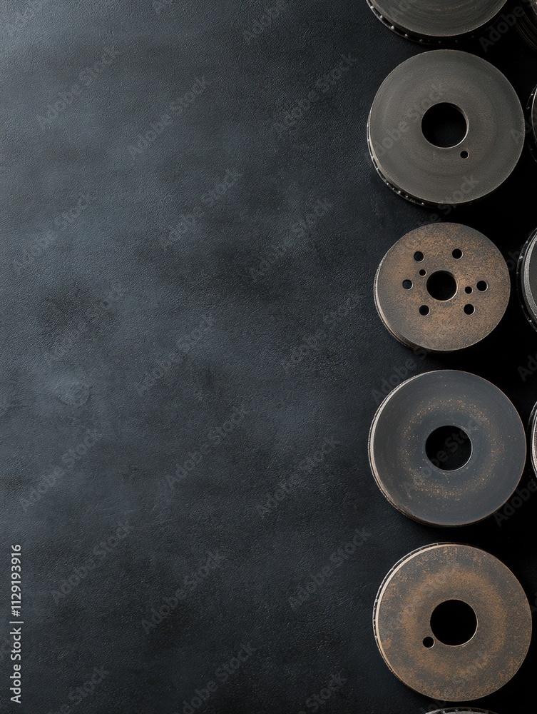 Poster various brake pads and discs are organized on a dark surface, providing a clean background for autom