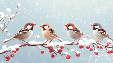 Snowy Serenade: Four Sparrows Adorned by Red Berries on a Frost-kissed Branch.