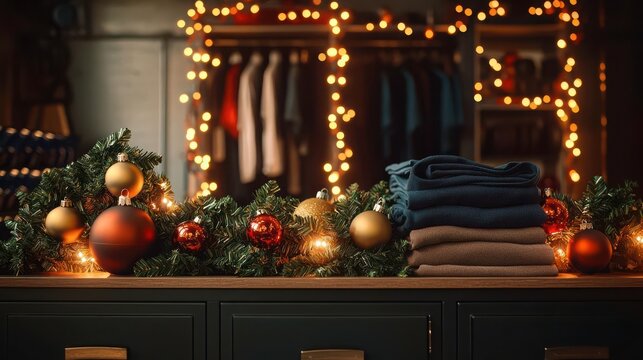 Christmas Health and Fitness. A gym locker decorated with festive garlands, glowing ornaments, and workout clothes folded neatly, realistic style, warm colors