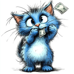 Illustration of a cartoon blue cat. Blue cat and money, blue cat and wheat fields, blue cat and fish.