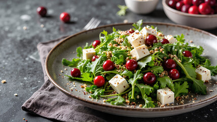 Winter salad with feta, cranberries, and fresh greens