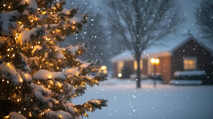 Obraz premium snowy winter evening with festive lights and falling snow