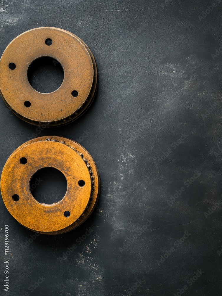 Aufkleber close view of worn brake pads and discs positioned neatly on a dark background, offering space for a