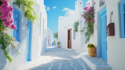 Fototapeta premium Architecture of island of Santorini, the most romantic island in the world, Greece. Hotels in Santorini. Walking the streets of Fira summer day, Travel to Greece. Beautiful white exterior Santorini