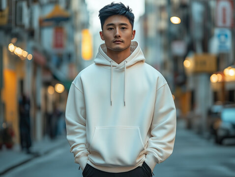 A man standing confidently, wearing a plain white pullover hoodie and long black pants