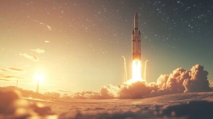 Naklejka premium The shuttle lifts off from the launch pad at the cosmodrome.