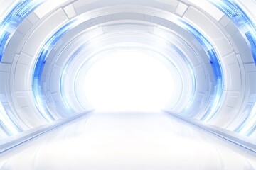 Obraz premium Futuristic white and blue glowing tunnel with bright light at the end.