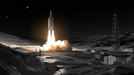 A space shuttle takes off from the cosmodrome platform.