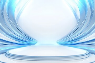 Abstract blue and white futuristic stage with glowing curves and a circular platform.