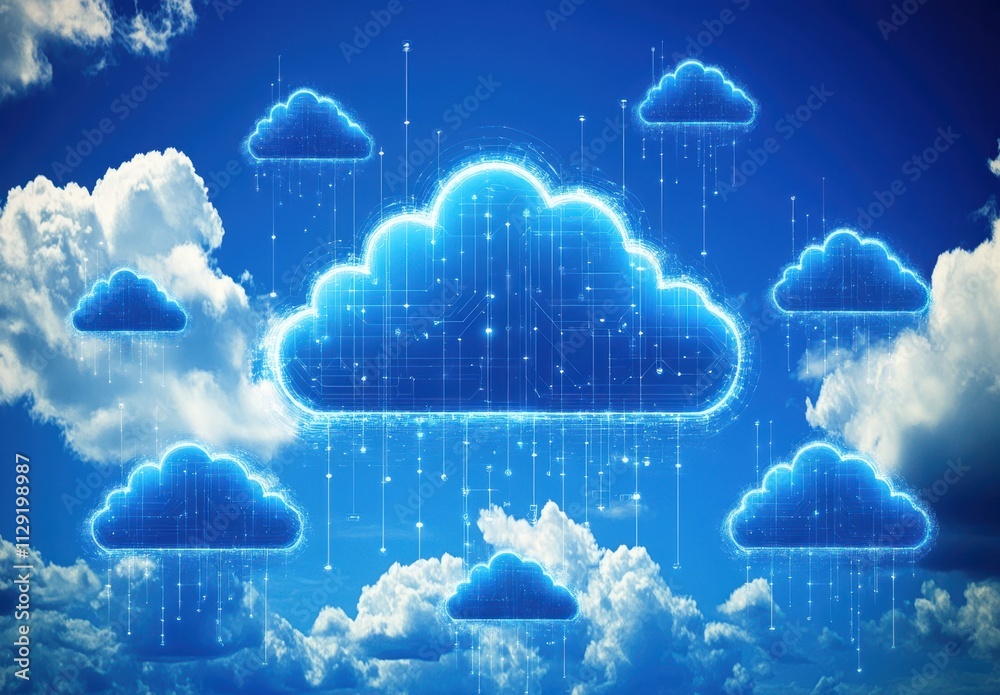 Poster futuristic blue cloud computing concept featuring digital clouds in a bright sky with connecting lin