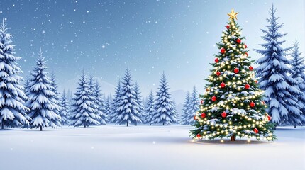 Fototapeta premium A beautiful Christmas tree adorned with lights and ornaments in a snowy winter landscape, perfect for holiday-themed projects
