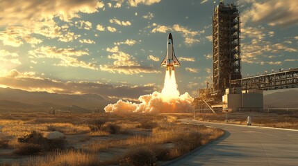 A rocket takes off from the launch platform at the cosmodrome.