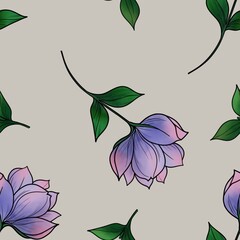 Seamless Pattern of Purple Flowers with Leaves on Light Background