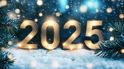 Golden 2025 New Year celebration, illuminated numbers in snow and pine forest, festive holiday season, winter wonderland, abstract blue background, sparkling lights, magical atmosphere, successful and