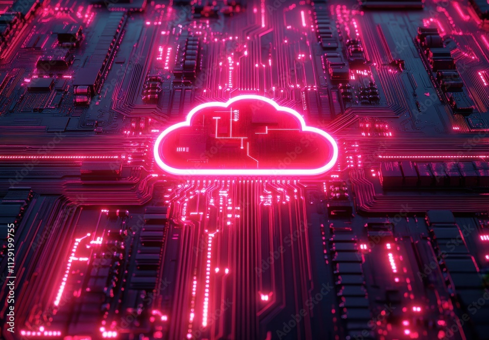 Poster futuristic cloud computing concept with neon circuit board in background representing digital techno