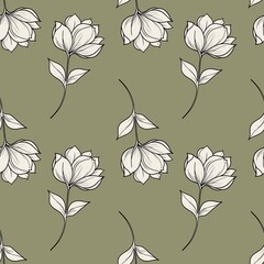 Seamless Pattern of Small Milk Line Flowers on Earth Green Background
