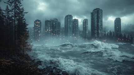  dramatic urban landscape with towering buildings amidst stormy seas and turbulent skies.