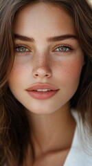 Fototapeta premium Close-up beauty portrait showcasing natural freckles, luminous green eyes, and soft pink lips, with flawless skin texture and gentle makeup creating a fresh, youthful appearance.