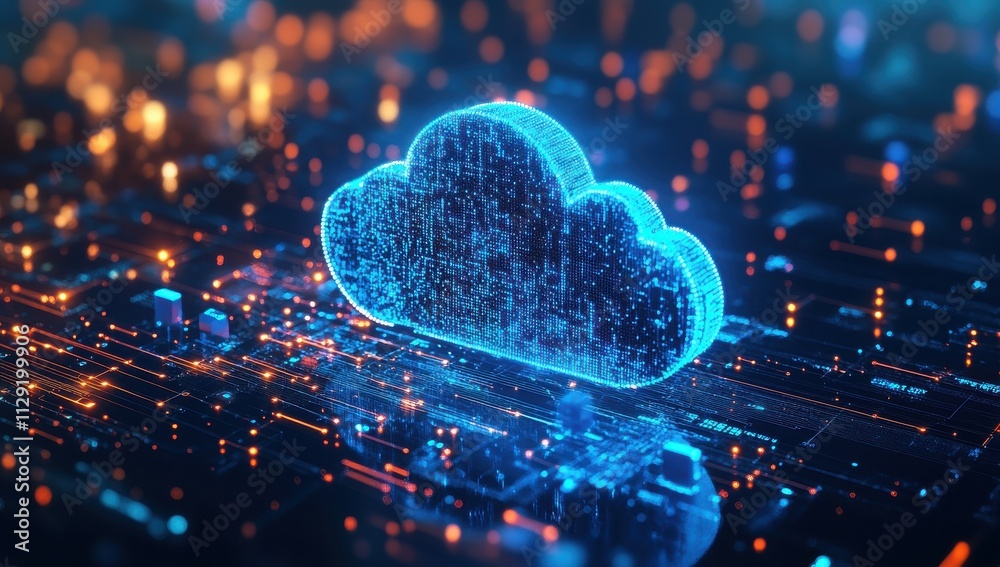 Poster futuristic cloud computing design with glowing digital connections and data streams representing tec