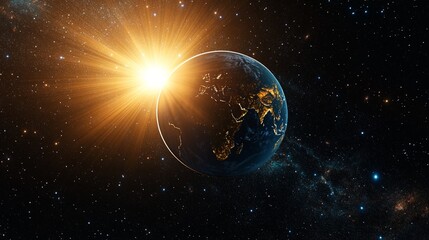 Obraz premium Stunning view of Earth from space with a brilliant sunrise illuminating the planet, showcasing a breathtaking celestial scene full of wonder and cosmic beauty beyond imagination.