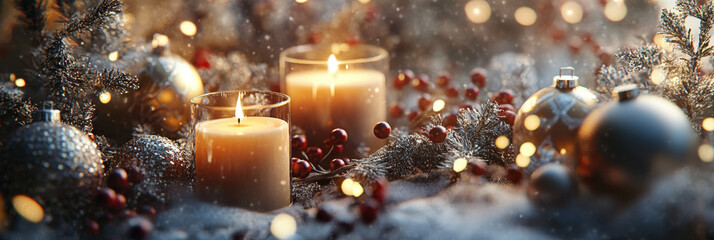 Warm Candles Amidst Christmas Ornaments and Berry Decor