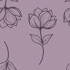 Seamless Pattern of Big Outlines Flowers on Pastel Purple Background