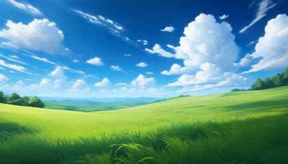 beautiful anime style illustration of a green field and blue sky with fluffy white clouds perfect for nature backgrounds