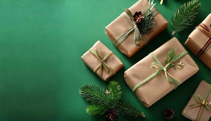 beautifully wrapped christmas gifts against green background