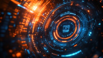Obraz premium Futuristic Digital Abstract Background with Glowing Blue and Orange Circles Creating a Technology-Inspired Visual Effect Ideal for Digital Media and Graphic Design