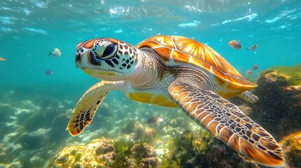 Obraz premium sea turtle gracefully swims through clear ocean water, showcasing its vibrant shell and surroundings.
