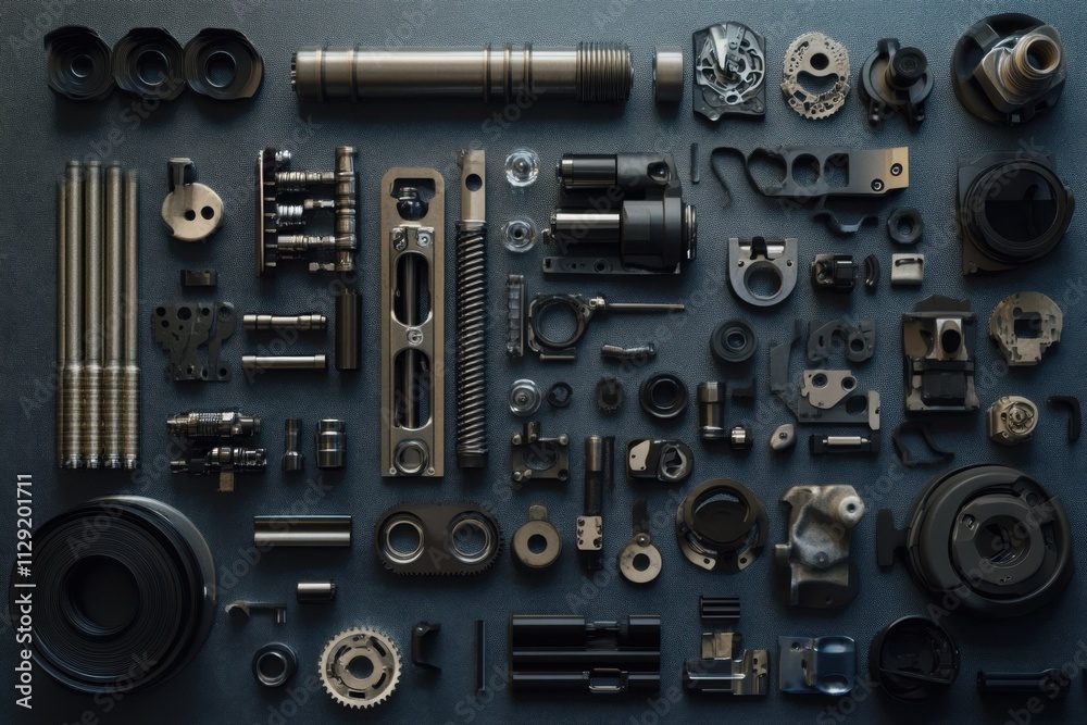 Poster Engine parts like pistons and gears are neatly arranged on a textured surface, ideal for clear text placement. Generative AI
