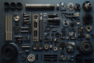 Fototapeta premium Engine parts like pistons and gears are neatly arranged on a textured surface, ideal for clear text placement. Generative AI