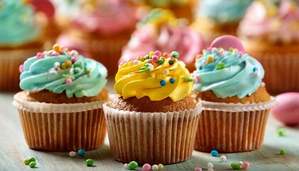 mini cupcakes decorated with spring and easter candy sprinkles additional cupcakes blurred in the background