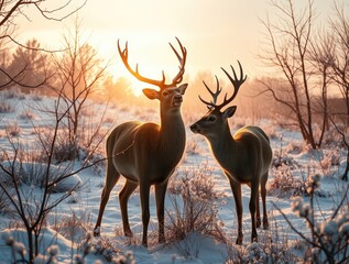 In a tranquil winter wonderland, a pair of romantic deer stand close together, basking in the warm glow of a sunset, symbolizing love and companionship