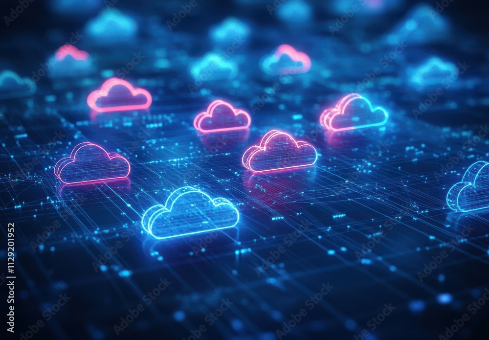 Poster futuristic digital cloud network with abstract elements featuring neon clouds and interconnected lin