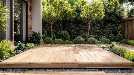 Beautiful modern backyard with wooden deck surrounded by lush greenery, perfect for relaxation and outdoor gatherings in a serene, natural setting.