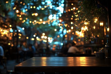 Empty wooden table at night with blurred outdoor cafe background and bokeh lights.