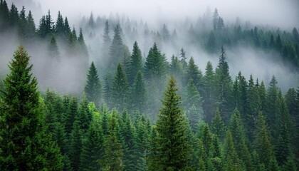 Obraz premium natural rain forest moody cloudy foggy forest during summer autumn amazing background with mood green spruce forest with white fog in mountains after rain