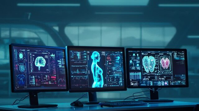 Doctor working at futuristic office, multiple monitors displaying medical images, data and body scans.