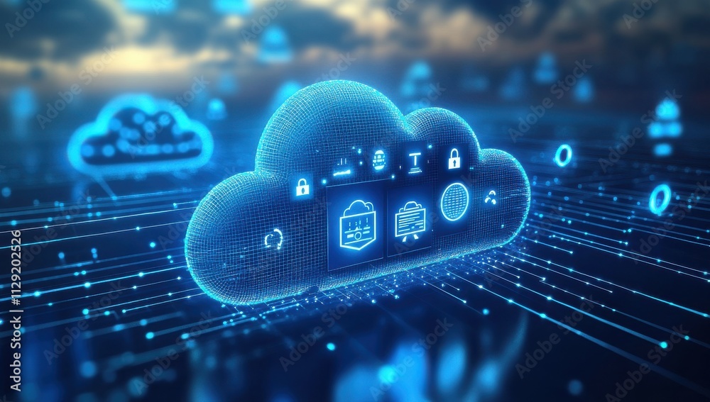 Poster futuristic digital cloud storage concept with icons representing data security and connectivity in a