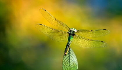 a vivid dragonfly green and yellow hovers against a blend of yellow and green backgrounds surrounded by a softly blurred surroundings