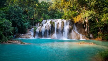 Fototapeta premium lovely kuang si waterfall in the forest of north laos near luang prabang