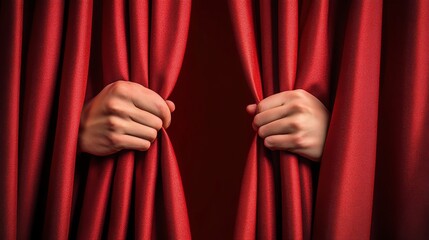 Hands Opening Red Curtains