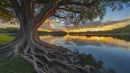 majestic tree with exposed roots by a tranquil lake at sunset