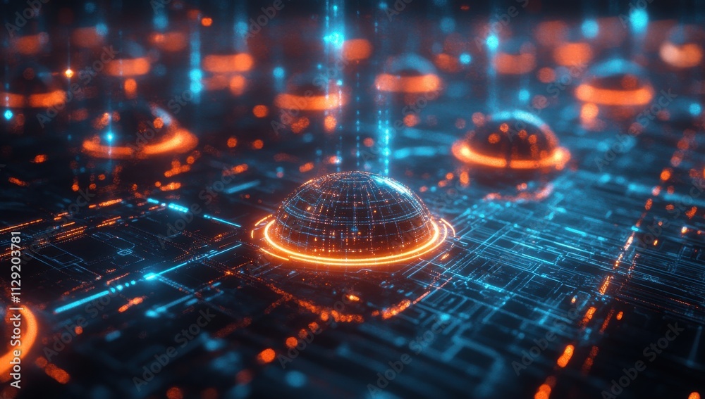 Poster futuristic digital landscape with glowing orbs and circuit patterns representing advanced technology