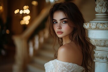 Naklejka premium Girl with Long Curly Hair in Luxurious Mansion