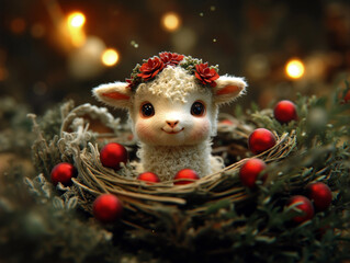 Obraz premium Cute baby lamb in red flower wreath sitting inside nest in festive Christmas setting with red ornaments. Little sheep puppet toy in stylized 3d animation style. Lamb of god. Symbol of Jesus Christ.