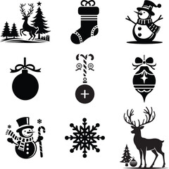 Christmas elements set vector silhouette icons white background