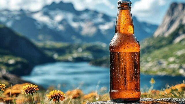 A cold beer bottle in hand, with a stunning mountain vista in the background. VDO 4k ProRes
