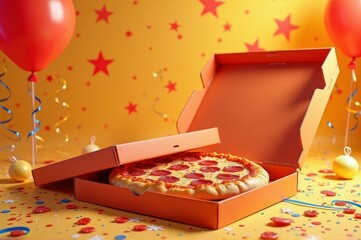 Pizza celebration with pepperoni in festive setting with balloons and stars